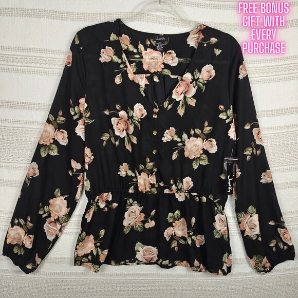 Justify Black Sheer Blouse Pink Rose Floral Long Sleeve Top Size XL NWT - Picture 1 of 9